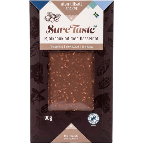 Mjölkchoklad Med Hasselnöt Utan Tillsatt Socker 90g SureTaste