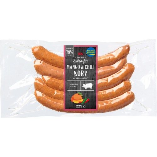 Grillkorv Mango och Chili Extra Fin 78% Kötthalt 225g ICA