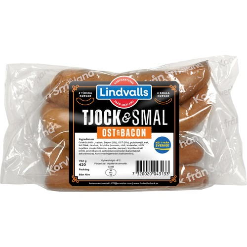 Grillkorv Ost och Bacon 2 Tjocka och 4 Smala  420g Lindvalls