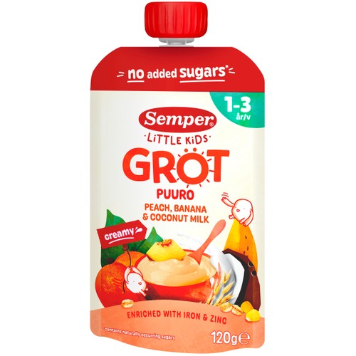 Barnmat Grötklämmis persika, banan & havre 1år 120g Semper