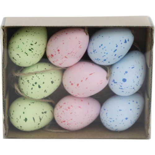Ägg med hänge i fina pastellfärger rosa, gröt och blått. Storlek:  9-pack, 4 cm.