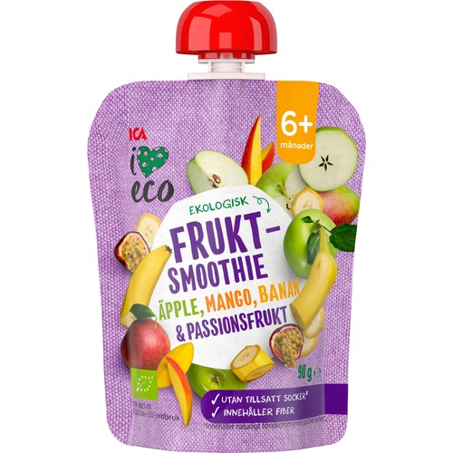 Fruktsmoothie Äpple, mango, banan & passionsfrukt 6+mån 90g ICA I love eco