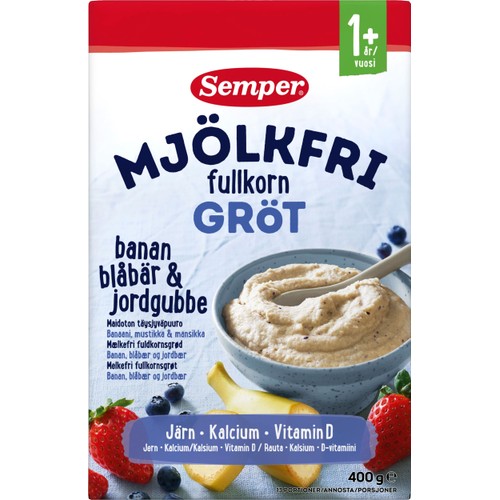 Fullkornsgröt Banan, blåbär & jordgubb Mjölkfri Från 1år 13-p 400g Semper