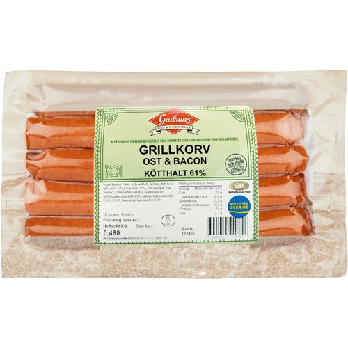 Grillkorv Ost & Bacon Alspånsrökt 8-pack 480g Gudruns