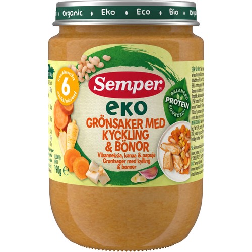 Barnmat Grönsaker med kyckling & bönor Eko 6m 190g Semper