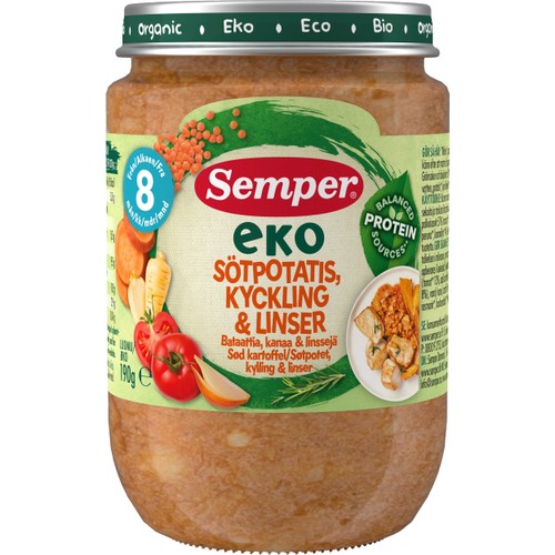 Barnmat Sötpotatis,kyckling & linser Eko 8m 190g Semper