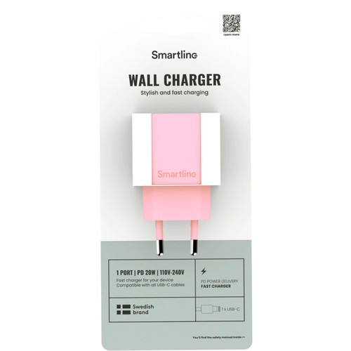 Mobilladdare USB-C 20W PD rosa Smartline