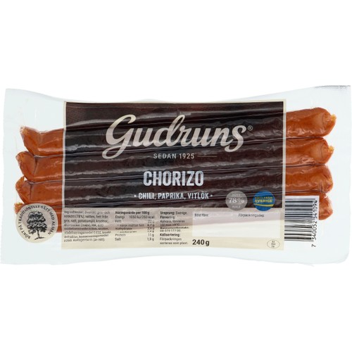 Chorizo Smal 78% Kötthalt 240g Gudruns