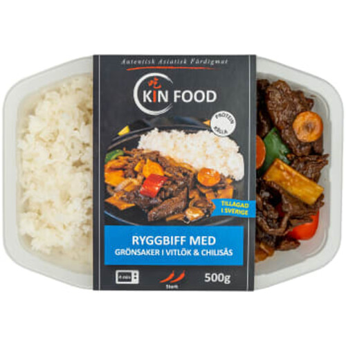 Thai Ryggbiff med Grönsaker i Vitlök och Chilisås med Ris 500g Kin Food