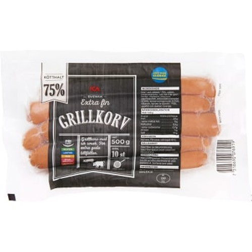 Grillkorv Extra fin 75% kötthalt 500g ICA