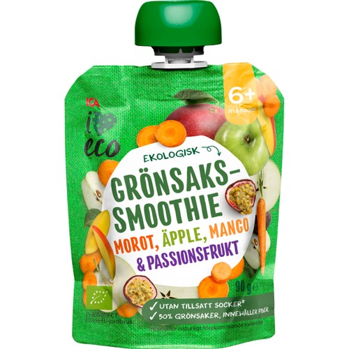 Grönsakssmoothie Morot, äpple, mango & passionsfrukt 6m 90g ICA I love eco