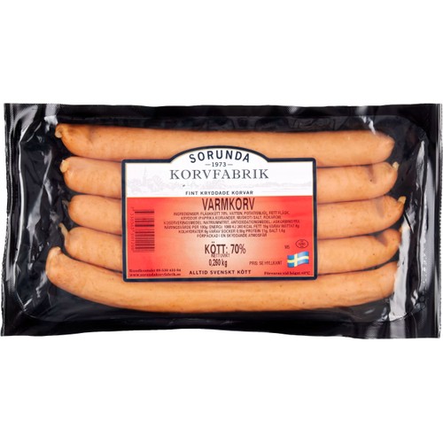 Varmkorv 70% kötthalt 260g Sorunda Korvfabrik