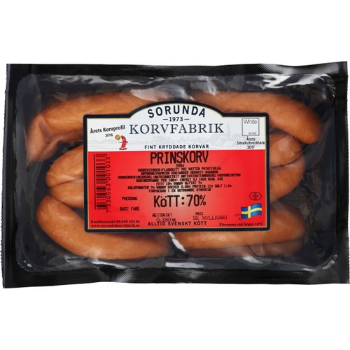 Prinskorv 70% Kötthalt 390g Sorunda korvfabrik