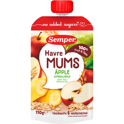Barnmat Fruktmums äpple med havre 6m 110g Semper