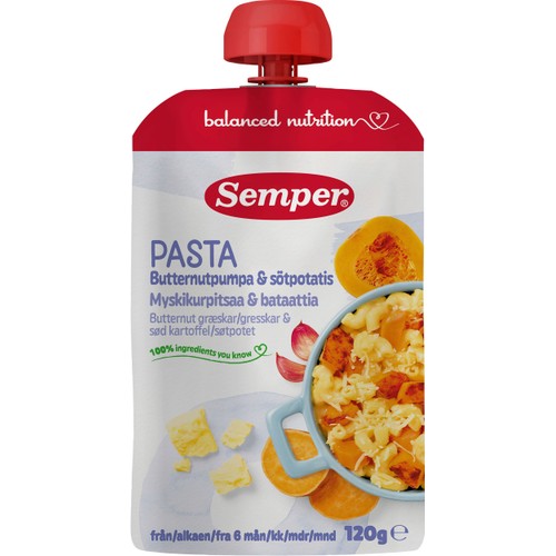 Barnmat Pasta, butternutpumpa & sötpotatis 6m 120g Semper