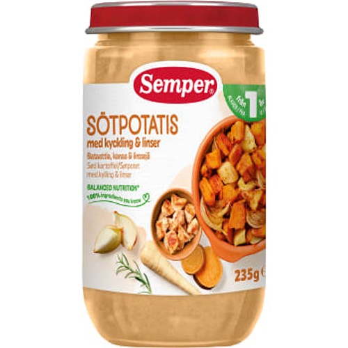 Barnmat Sötpotatis med kyckling & linser 12m 235g Semper