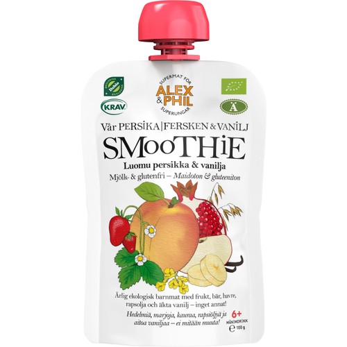 Barnmat Smoothie Persika & granatäpple Klämmis 6m 100g KRAV Alex & Phil