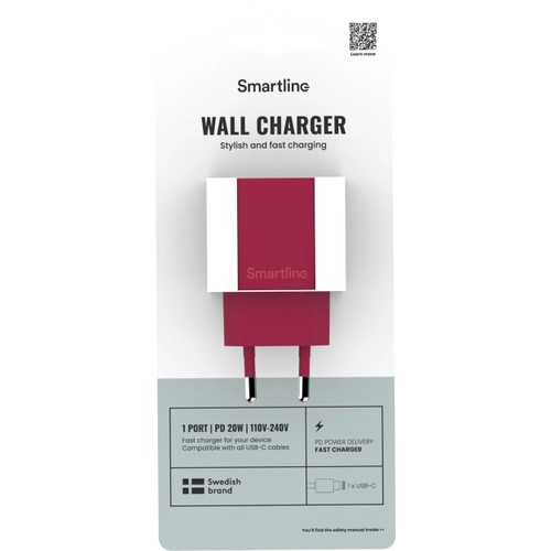 Mobilladdare USB-C 20W PD vinröd Smartline