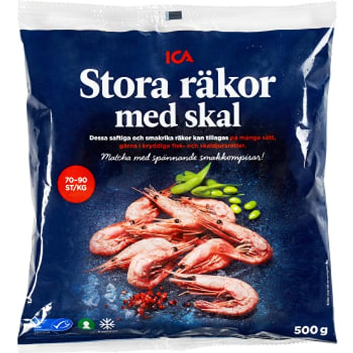 Stora räkor med skal 70-90st/kg Fryst 500g MSC ICA