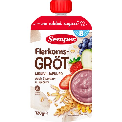 Flerkornsgröt äpple & jordgubb 8m 120g Semper
