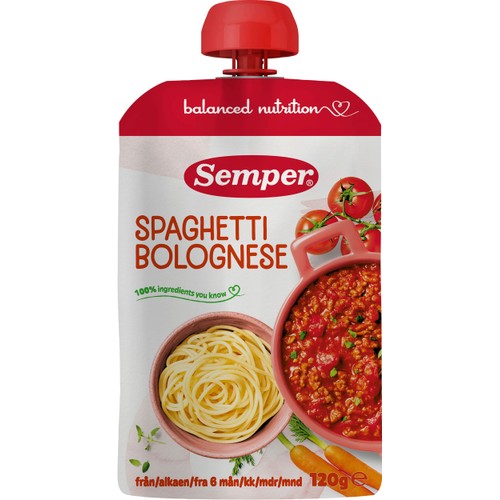 Barnmat Spaghetti bolognese 6m 120g Semper