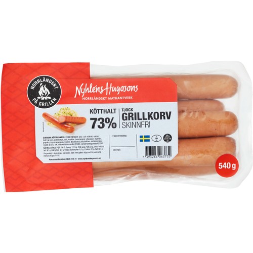 Grillkorv Tjock Skinnfri 540g Nyhléns Hugosons