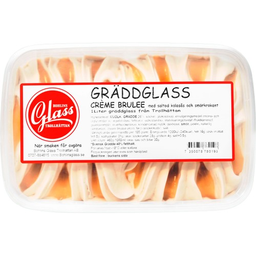 Gräddglass Crème Brulee Med Saltad Kolasås Och Smörkrokant 1000ml Bohlins Glass