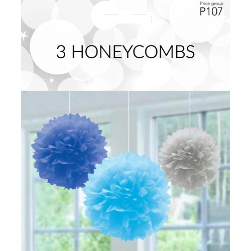 Pompom blå/silver 3p dek Happy Party