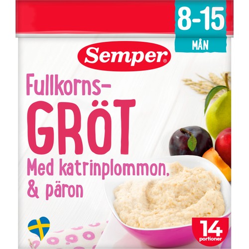 Fullkornsgröt Pear, prune & apple 8M 14 port 470g Semper