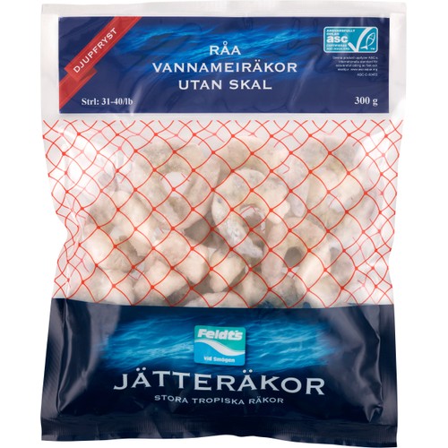 Vannameiräkor Råa Utan Skal Asc 31/40 Frysta 300g Feldt's