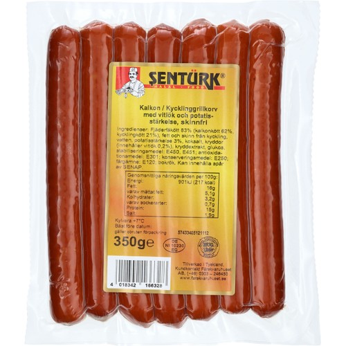 Kalkon Kycklinggrillkorv med vitlök skinnfri 350g Sentürk