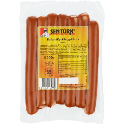 Kalkon Kycklinggrillkorv skinnfri 350g Sentürk