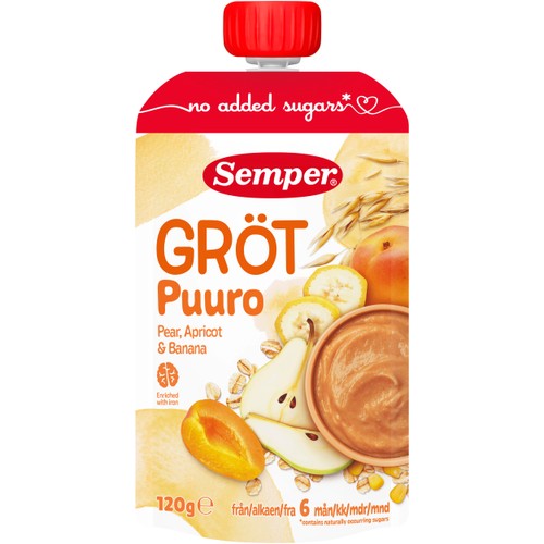 Gröt med päron, aprikos & banan 6m 120g Semper