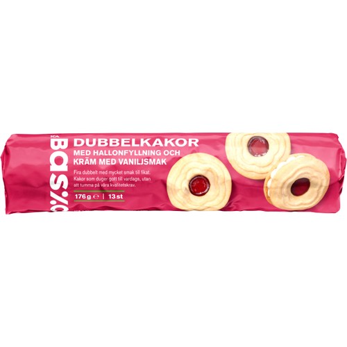 Dubbelkakor vanilj- och hallonfyllning 176 g  ICA Basic