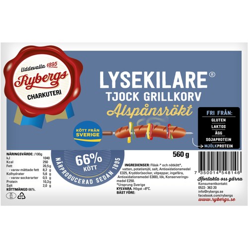 Grillkorv Tjock Lysekilare 66% Kötthalt 560g Rybergs