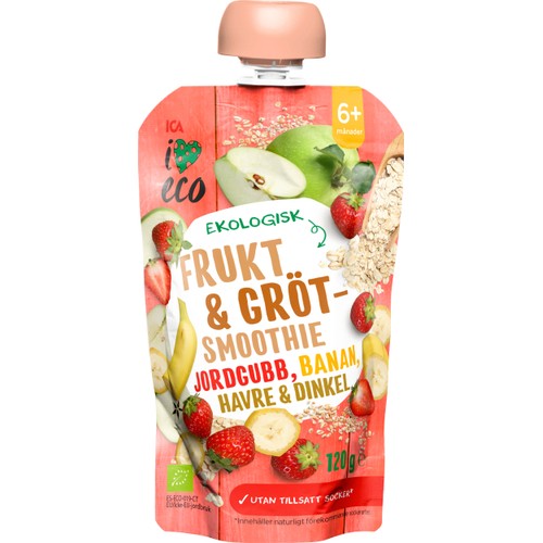Grötsmoothie jordgubb, banan, havre & dinkel 6m 120g ICA I love eco