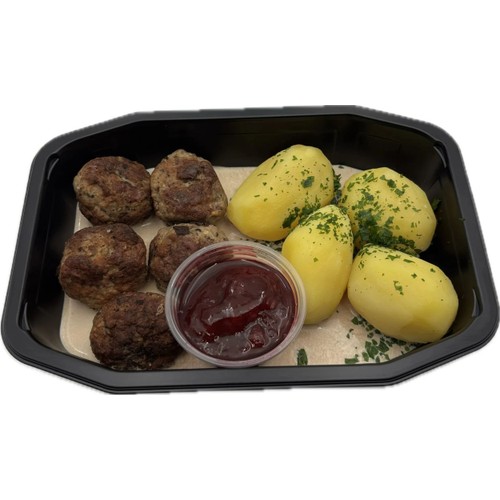 Köttbullar med kokt potatis, lingonsylt och gräddsås ca 485g
