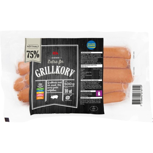 Grillkorv Extra fin 75% Kötthalt 500g ICA