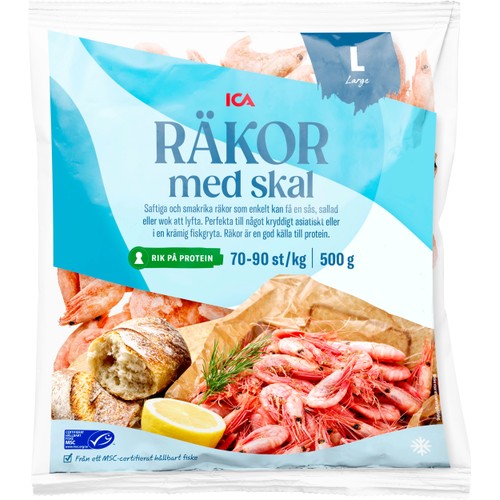 Räkor med skal 70/90 Fryst 500g ICA