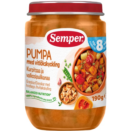 Barnmat Pumpa med vitlökskyckling 8m 190g Semper