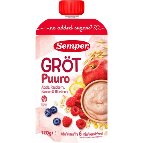 Gröt äpple, hallon, banan & blåbär 6m 120g Semper