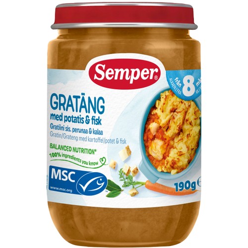 Barnmat Gratäng med potatis & fisk 8m Semper