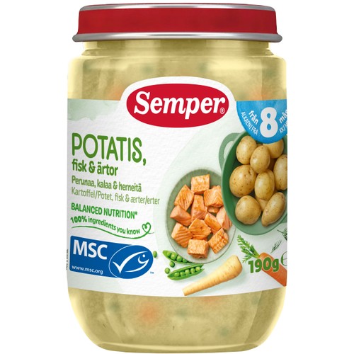 Barnmat Potatis, fisk & ärtor 8m 190g Semper