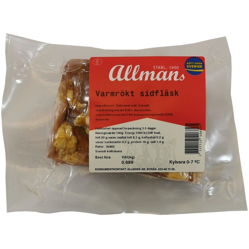 Varmrökt Sidfläsk i bit ca 500g Allmans