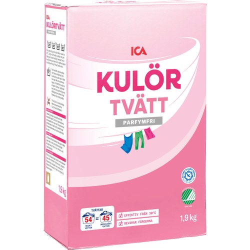 Tvättmedel Kulörtvätt Pulver Parfymfri  1,9kg Miljömärkt ICA