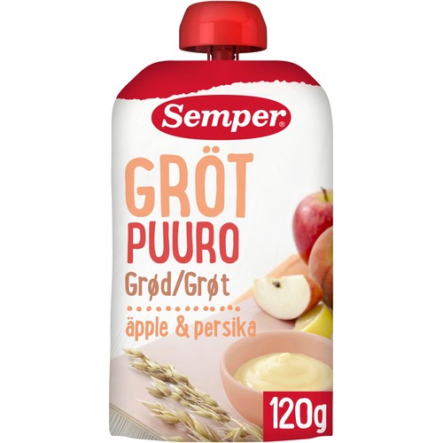 Gröt med äpple & persika Klar att äta Från 6m 120g Semper
