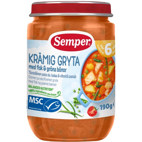 Barnmat Krämig gryta med fisk & gröna bönor 6m 190g Semper