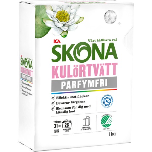 Tvättmedel Kulörtvätt Parfymfri 1kg Miljömärkt ICA Skona
