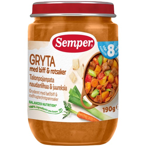 Gryta med biff & rotsaker 8m 190g Semper