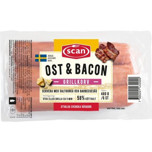 Grillkorv Bacon och Ost 59% Kötthalt 480g Scan